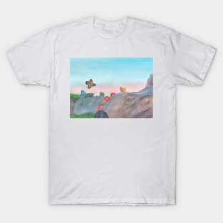 Butterflies Over Rocks With Flowers T-Shirt